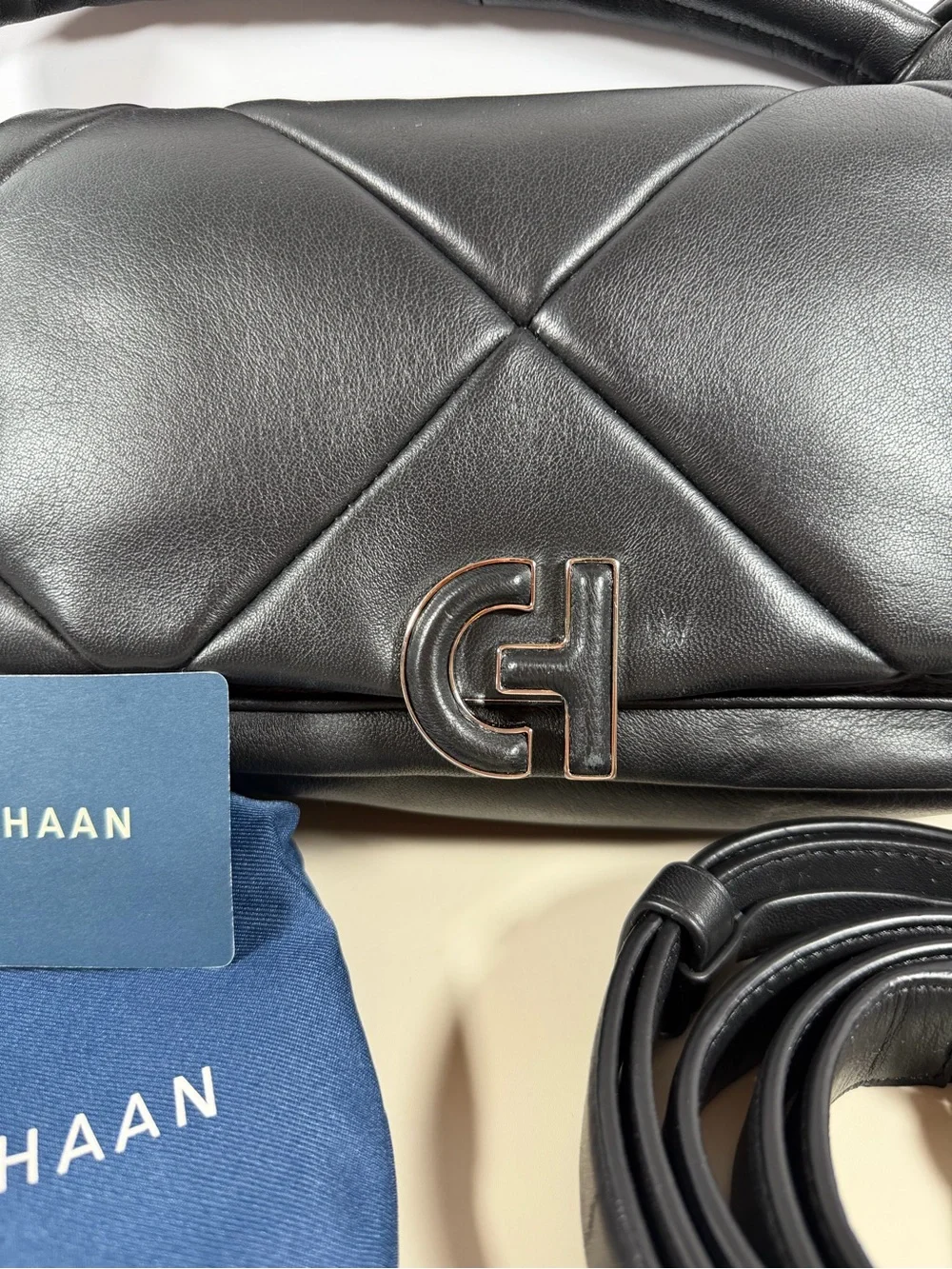 Cole Haan Black Quilted Leather Crossbody Bag with CH Logo